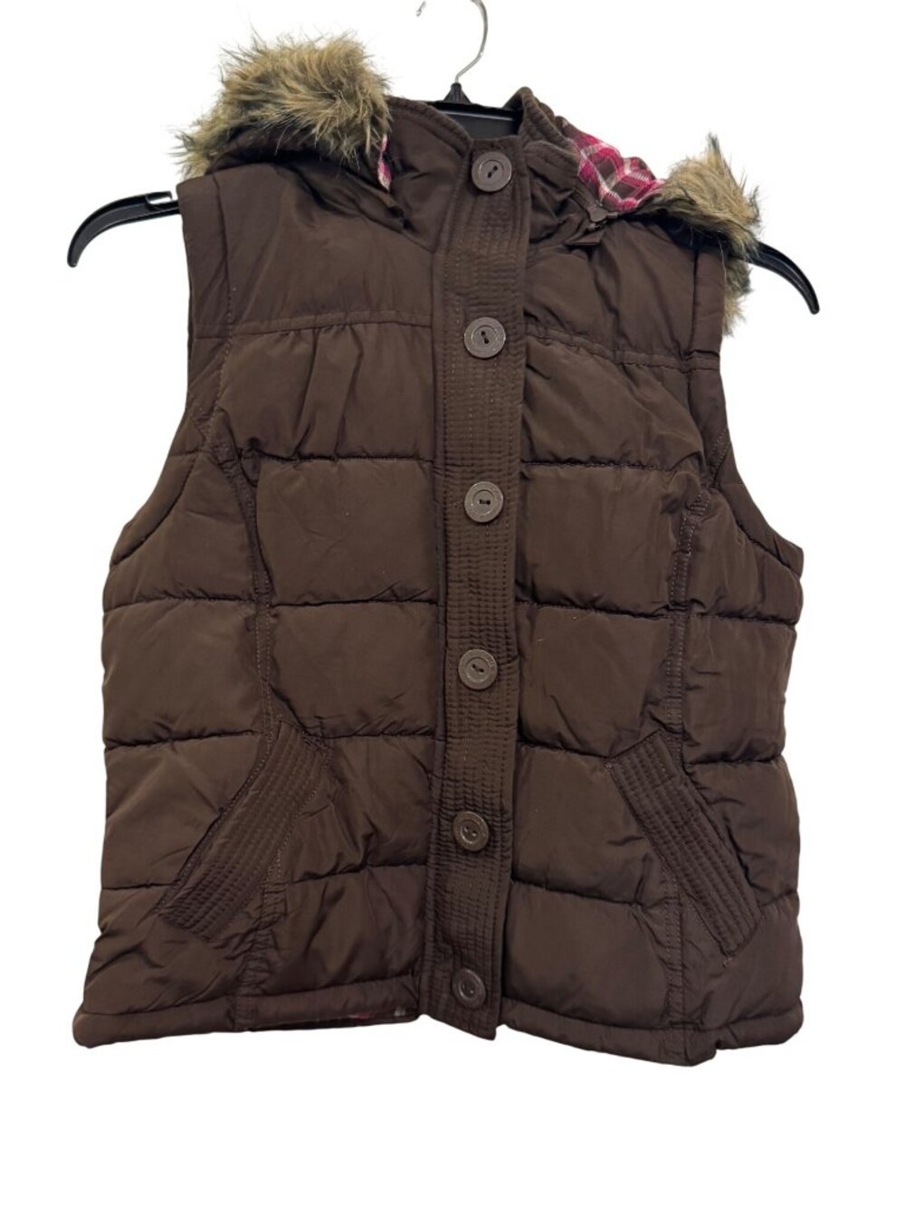 vintage Aeropostale Brown Puffer Vest Faux Fur Hood & Pink Plaid Womens Large